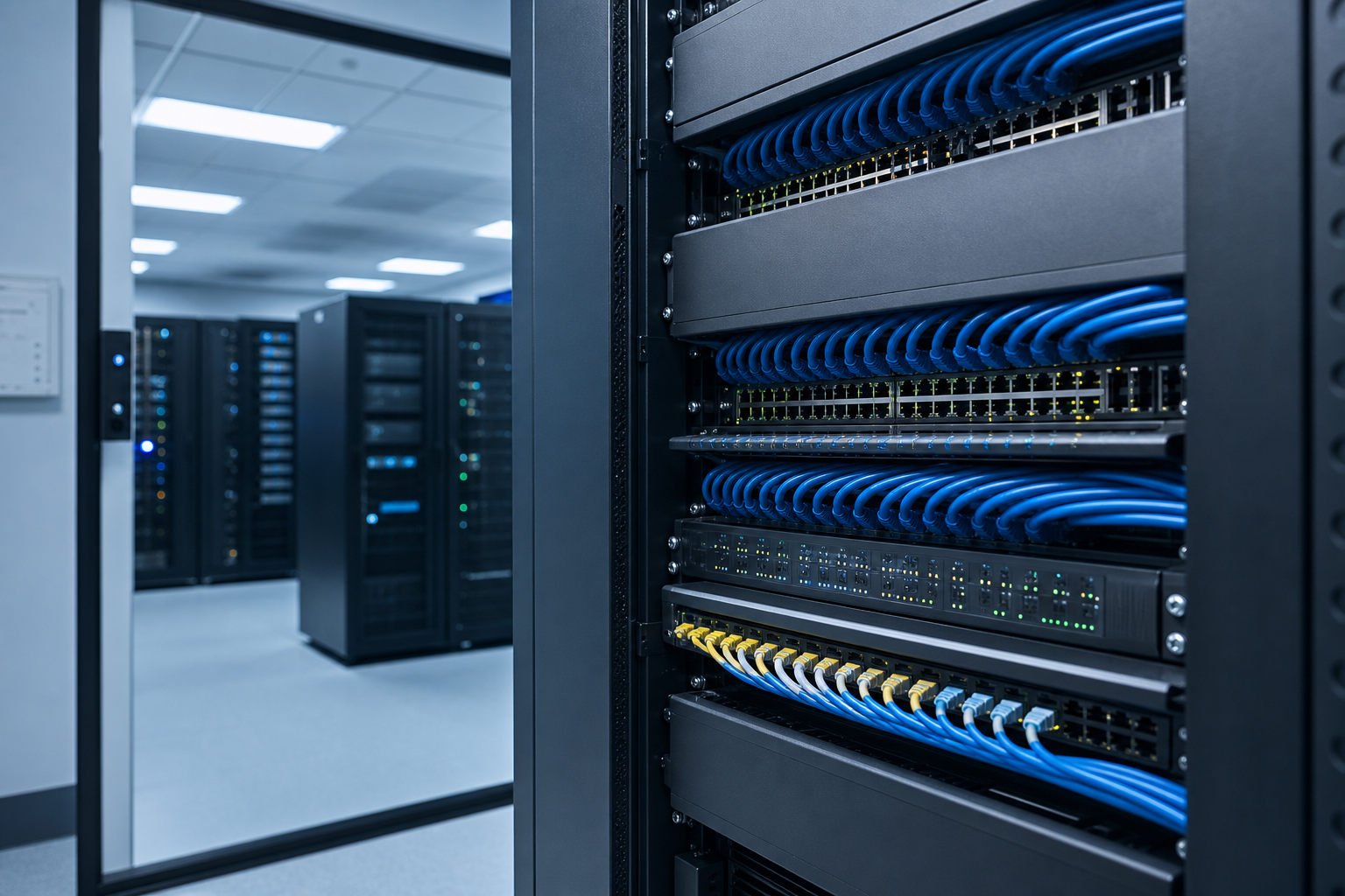 Organised network rack with structured cabling in a small business server room